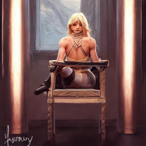 Prompt: a painting of a blonde female wearing knight's armor tied up in a chair, full view, popular on artstation, artstationhd, artstationhq 8 k, volumetric lighting, trending on artstation, artstationhd, artstationhq, ultra detailed, detailed face, by artgerm and james gurney, greg rutkowski