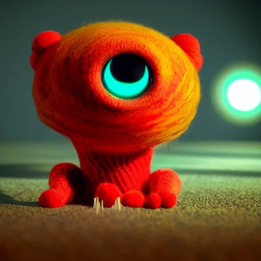 Image similar to woolen sock puppet from hell, missing an ear, big bobbly eyes, octane render, volumetric lighting, glow lights, sharp focus, clear focus, soft shadows, highly intricate, textures, 8 k, 4 k, cinematic pose, trending on artstation, deviantart, award winning, contest entry