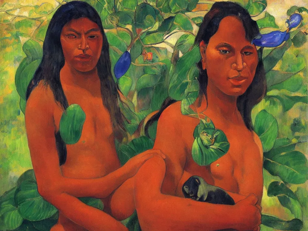 Prompt: Portrait of a Tahitian woman with panther. Lapis Lazuli, malachite, cinnabar. Painting by Gauguin, Agnes Pelton