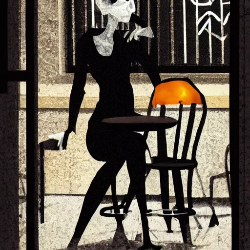 Image similar to death from the'the sandman'waiting for a friend at a cafe, realistic, soft lighting, cute, kindness