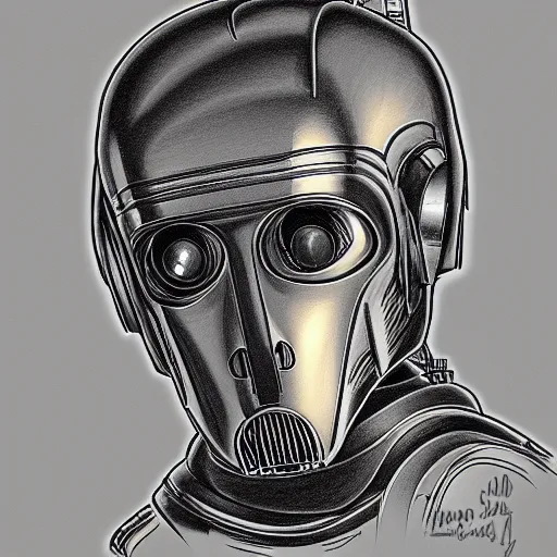 Image similar to technical blueprint of C3PO, pencil style