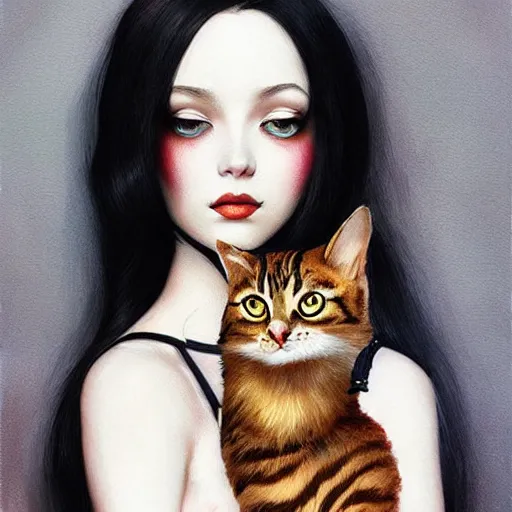 Image similar to a painting of a woman holding a cat, a photorealistic painting by tran nguyen and ilya kuvshinov, featured on deviantart, gothic art, goth, gothic, detailed painting