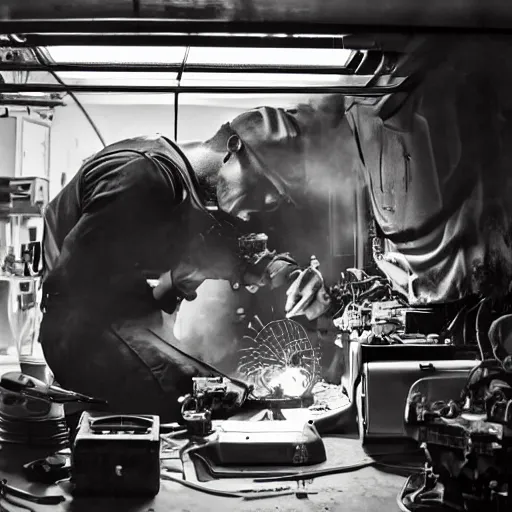 Image similar to technician repairing head of toaster oven mecha, dark messy smoke - filled cluttered workshop, dark, dramatic lighting, orange tint, cinematic, highly detailed, sci - fi, futuristic, movie still