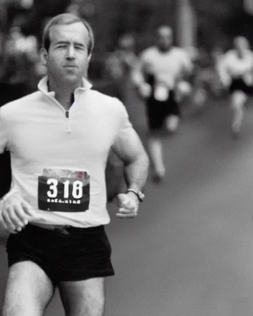 Prompt: film still close - up shot of joe biden running a marathon. photographic, photography