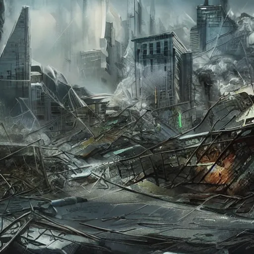 Prompt: damaged city, high - tech, concept art, forest, tornado, war