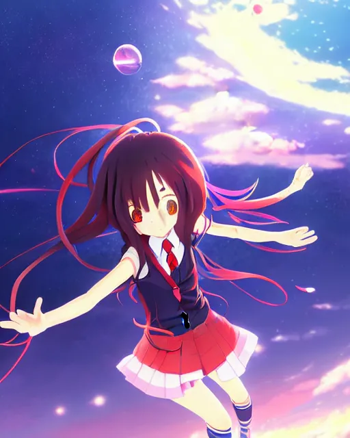Prompt: anime style, vivid, expressive, full body, 4 k, painting, a cute magical girl with a long wavy black hair wearing a school uniform, defending from asteroid, stunning, realistic light and shadow effects, centered, simple background, studio ghibly makoto shinkai yuji yamaguchi