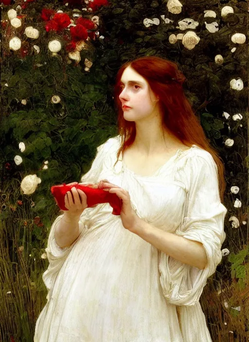 Image similar to an beautiful nurse in a white dress and short sleeves with red long wet flowing hair and shiny wet skin, by John Everett Millais and Dante Gabriel Rossetti and John Collier and john william waterhouse, pre-raphaelite, detailed, trending on artstation, hd, masterpiece