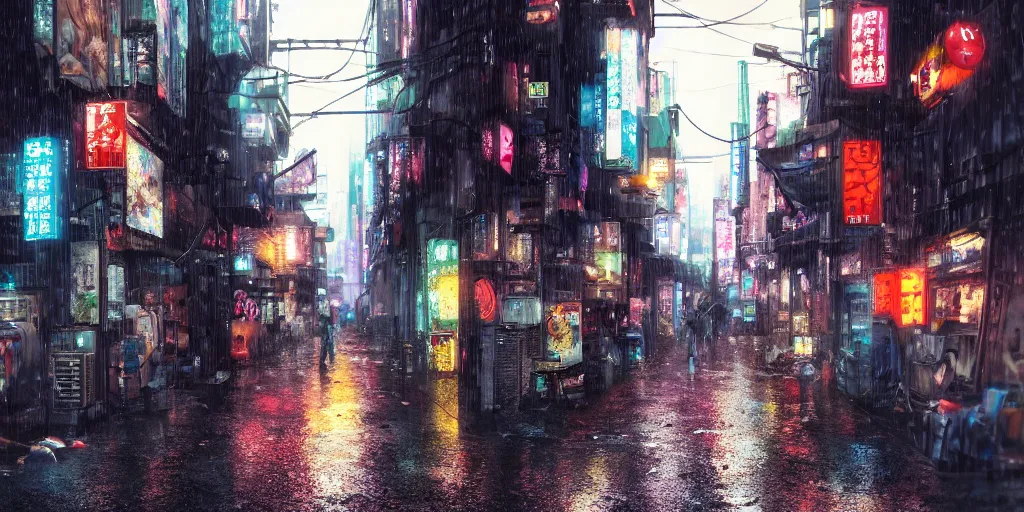 Image similar to Cyberpunk back alley on a rainy day in Japan, low angle view, detailed matte painting, cinematic, Helio Frazao, Artstation