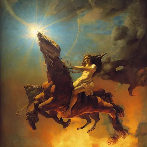 Image similar to Tragic Portrait of Phaethon the Demigod losing control of the chariot chariot that is the sun careening through the zodiac filled stratosphere Ilya Repin Michelangelo Buonarotti Leonardo Da Vinci rodin greg rutkowski james gurney tombow masterpiece fresco quadratura Trompe-lœil