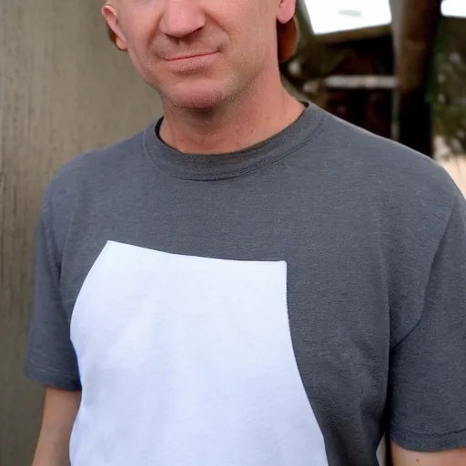 Image similar to full face color photograph of a 40 year old very handsome white man with short, curly, light blond hair and very small slanted blue eyes, dressed in a white t shirt, gray shorts and black socks, with a small mole to the right of his very thin lips, with a straight nose and blond stubble on his oval face, and an earring in the left ear. He resembles a lion.