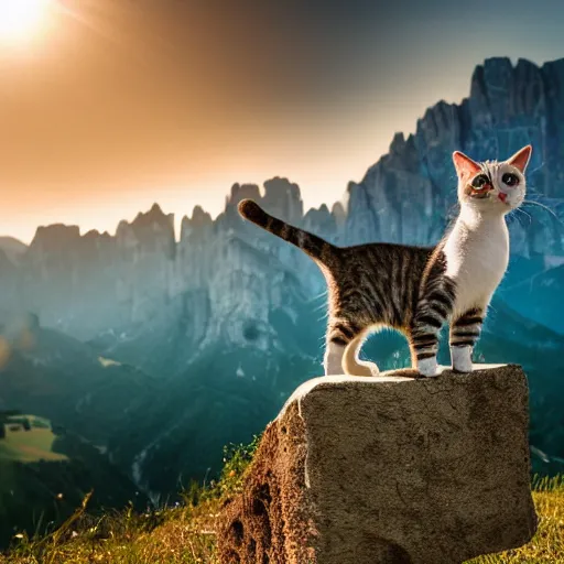 Prompt: a hotel for cats - perched on a cliff overlooking a valley in the dolomites. style of wes anderson, 4 k resolution, golden hour, rule of thirds.