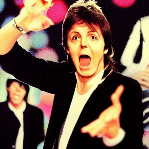 Prompt: paul mccartney!!! dancing on a still of michael jackson thriller music video, 8 0 s music video, mtv, vhs filter