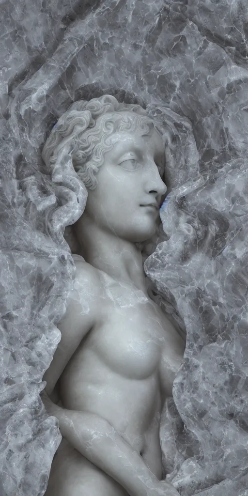 Image similar to a delicate renaissance marble sculpture covered with water veil, highly detailed transparent marble cloth, gi, global illumination, physically based rendering, photorealistic, top light, dark background