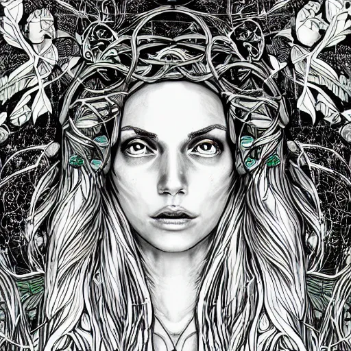 Image similar to a NeoPagan Goddess of Spring, inside her temple, in a style blend of Æon Flux and Botticelli, hyper detailed, photorealistic digital art, ethereal, extremely fine inking lines
