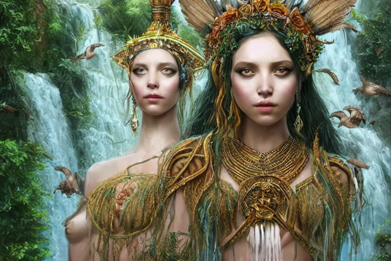 Prompt: A highly detailed beautiful divine tribal high priestess and water nymphs with feathers and crystals in a lush field of flowers, playing in waterfalls, wide painting by greg rutkowski and HR Giger, Zbrush, Trending on artstation:1 H 1024