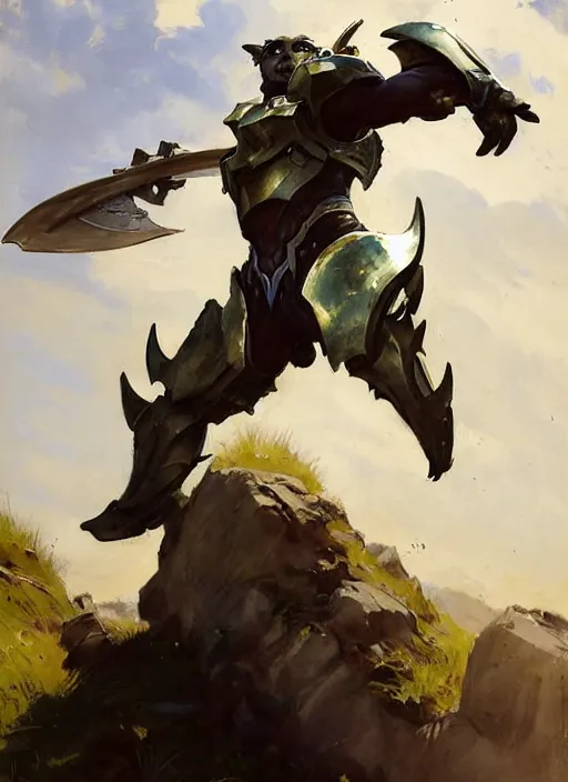 Image similar to Greg Manchess painting of a Cat Charr from Guild Wars 2 wearing Forerunner Armor from Halo, countryside, calm, fantasy character portrait, dynamic pose, above view, sunny day, artwork by Jeremy Lipkin and Giuseppe Dangelico Pino and Michael Garmash and Rob Rey, very coherent asymmetrical artwork, sharp edges, perfect face, simple form, 100mm