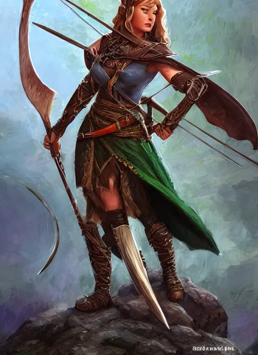 Image similar to female archer hunter, ultra detailed fantasy, dndbeyond, bright, colourful, realistic, dnd character portrait, full body, pathfinder, pinterest, art by ralph horsley, dnd, rpg, lotr game design fanart by concept art, behance hd, artstation, deviantart, hdr render in unreal engine 5