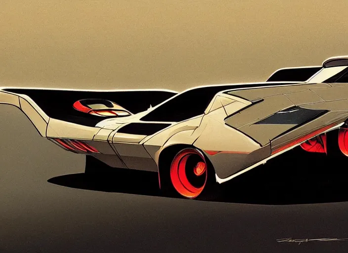 Prompt: syd mead concept art, raplh mcquarrie. mach 5 speed racer, kitt 1 9 8 2 pontiac trans am. style blade runner 2 0 4 9, retro, retro futurist. concept art by syd mead and star wars