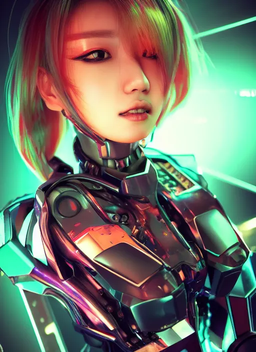 Prompt: a highly detailed portrait of a kpop idol mecha lady in spiked cyberpunk bioarmor trending on artstation by yoshitake amano, holographic undertones, 3 d cg, octane rendered, highly saturated colors, futuristic, 2 k aesthetic, dramatic lighting, 4 k