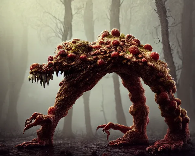 Prompt: a extremely horror photograph of a fantasy creature made out of nature and fungus, intricate, hyperrealism, sharp focus, cinematography, highly detailed, octane render, horror cgi 4 k, matte, photograph by professional photographer