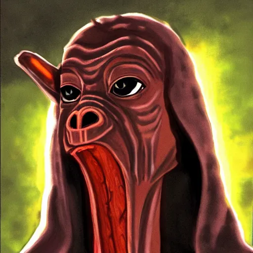 Image similar to Jar Jar Binks as a Sith Lord, portrait