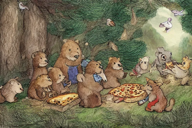 Image similar to a detailed and lively children's book illustration by beatrix potter of lots of woodland animals having a pizza party in the woods. a big pizza oven is tended by a large brown grizzly bear, and a stork flies above. digital art, trending on artstation.