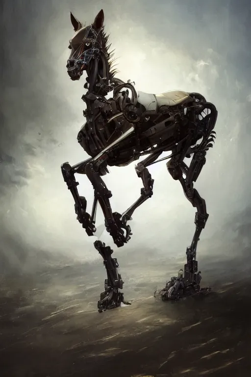 Image similar to 3 quarter view photography portrait of a biomechanical stalion horse illustrated by greg rutkowski and Akira Saito and Peter mohrbacher, boston dynamics, 4k,