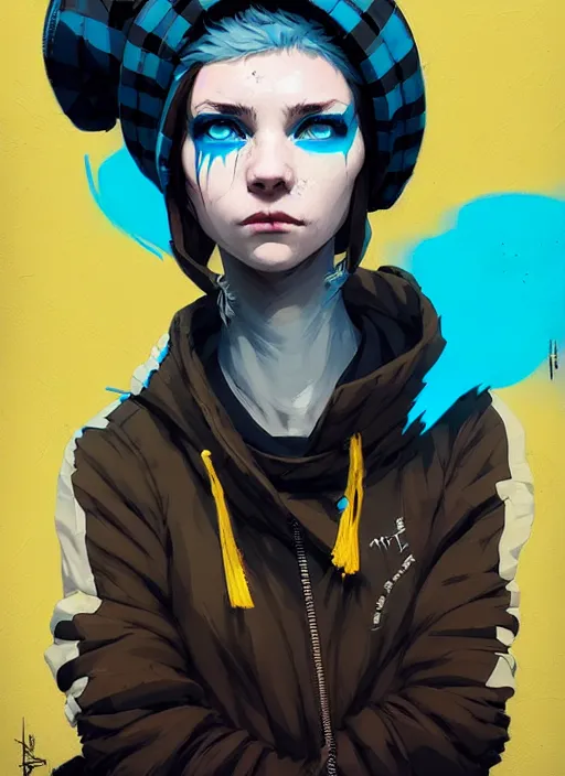 Prompt: highly detailed portrait of a sewer punk lady student, blue eyes, tartan hoody, hat, white hair by atey ghailan, greg rutkowski, greg tocchini, james gilleard, joe fenton, kaethe butcher, gradient yellow, black, brown and cyan color scheme, grunge aesthetic!!! ( ( graffiti tag wall ) )