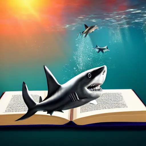 Prompt: a shark underwater reading a book realistic hdr photoshoot