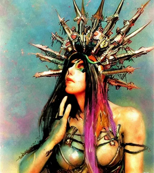 Image similar to princess of the wasteland, scrap metal headdress, strong line, vivid neon color, high contrast, beautiful! coherent! by brian froud, by frank frazetta, low angle