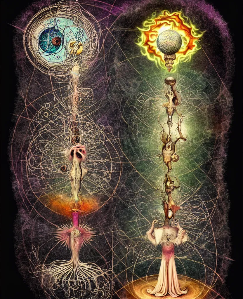 Image similar to whimsical freaky creature sings a unique canto about'as above so below'being ignited by the spirit of haeckel and robert fludd, breakthrough is iminent, glory be to the magic within, cosmic collage by ronny khalil