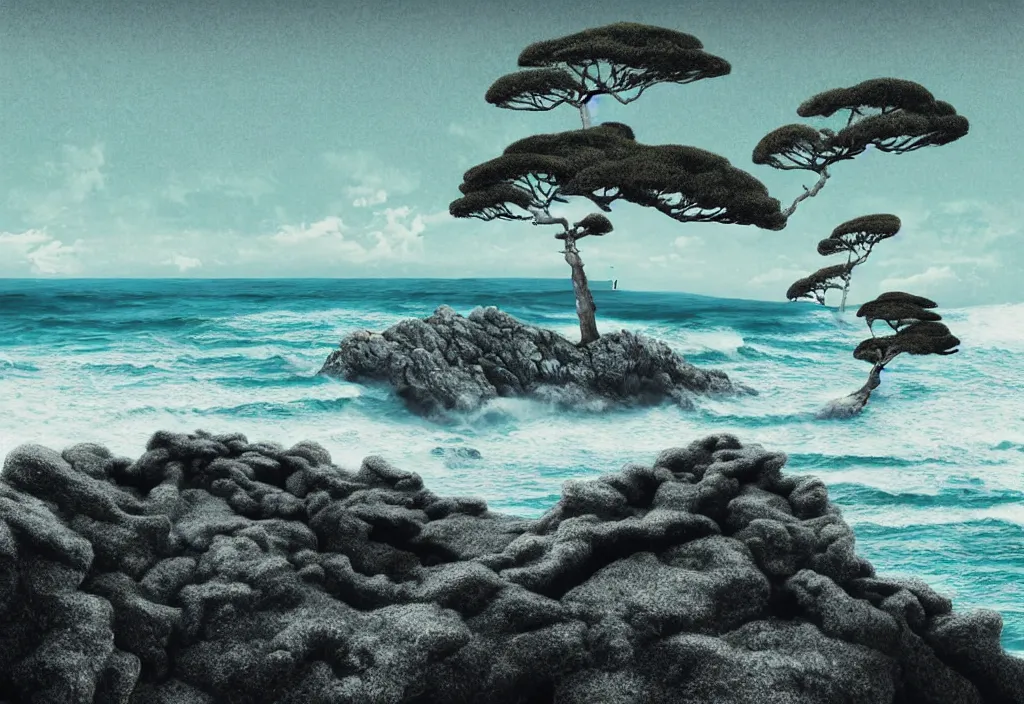 Image similar to low angle landscape seaside windswept trees on a hill overlook ocean waves crashing against rocks cliffs, tourist foreground, rural japan, a collage painting, in the style of wes anderson, lola dupre, david hockney, isolated on negative white space background dark monochrome fluorescent neon spraypaint accents volumetric octane render