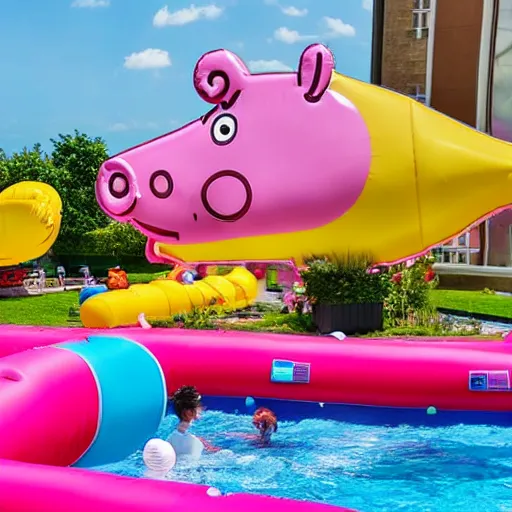 Prompt: a large inflatable float of Peppa Pig in a luxury hotel swimming pool