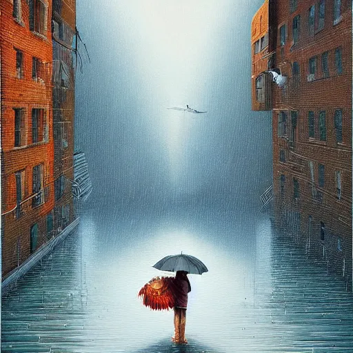 Prompt: masterpiece, darling wash off in the rain, surreal, river of complaints seams stitches scars remain, scrape off, by jeffrey smith, rhads, digital art, highly detailed, artstation