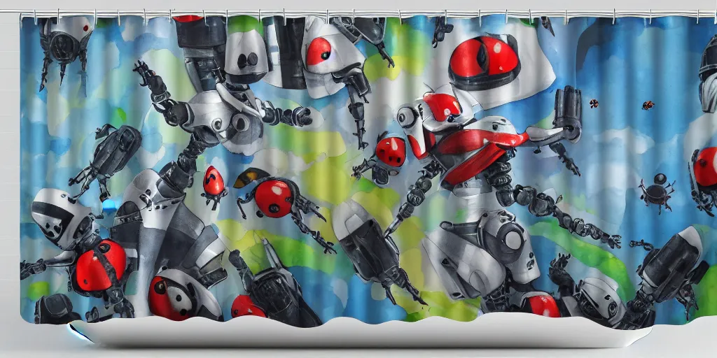 Prompt: shower curtain product catalog. wide - angle photo. on the curtain is a low - angle hero - shot watercolor of a ladybug robot. the robot has an epic showdown with darth vader. the water color has ink under drawing. highly coherent, product photography of a shower curtain, product lighting. 4 k, highly detailed. saturated.