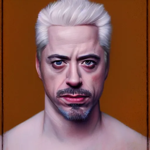 Image similar to realistic expired kodak film portrait of albino robert downey junior mix, hyperrealism, photorealistic, detailed, atmospheric, 8 k, award winning photography, cinematic