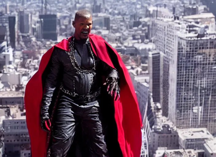 Image similar to film still of jamie foxx as spawn in the new spawn movie, giant chains, large cape, 8 k