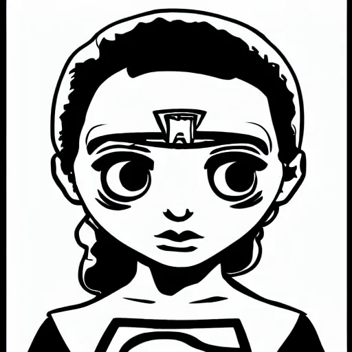 Image similar to clean simple line art of a little girl with short wavy curly hair. she is a superhero, wearing a superhero costume. white background. well composed, clean black and white line drawing, beautiful detailed face. illustration by charlie adlard and steve ditko