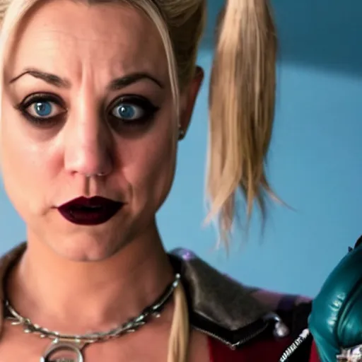 Image similar to A still of Kaley Cuoco as Harley Quinn