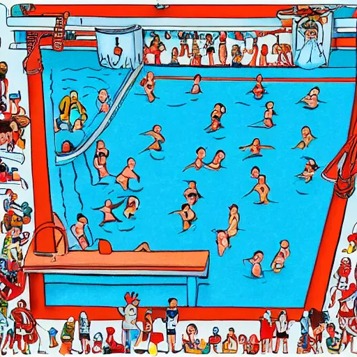 Image similar to where's wally book page highly detailed, swimming pool setting