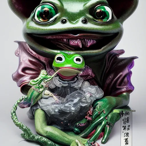 Image similar to plasticine wet shiny angles, crystal, moonlit, mirrors, camera angled dramatically, realistic hyperdetailed design of pepe the frog meme, ferocious, chinese mythology, victo nga, fumo yoshitoshi, ren jing jeong, feifei ruan, peter mohrbacher, takato yamamoto