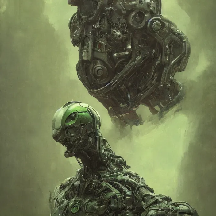 Prompt: portrait of a green Ultron from Age of Ultron, dieselpunk, head and chest only, by Beksinski, 4k, deviantart, trending on artstation