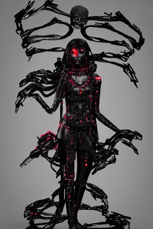 Image similar to full-body cyberpunk style sculpture of a young beautiful dark priestess, half android with a head opening exposing circuitry, glowing red eyes, black roses, flowing blood red colored silk, fabric, candles. baroque elements, human skull. full-length view. baroque element. intricate artwork by caravaggio. crows flying in background. Trending on artstation. octane render. cinematic lighting from the right, hyper realism, octane render, 8k, depth of field, 3D