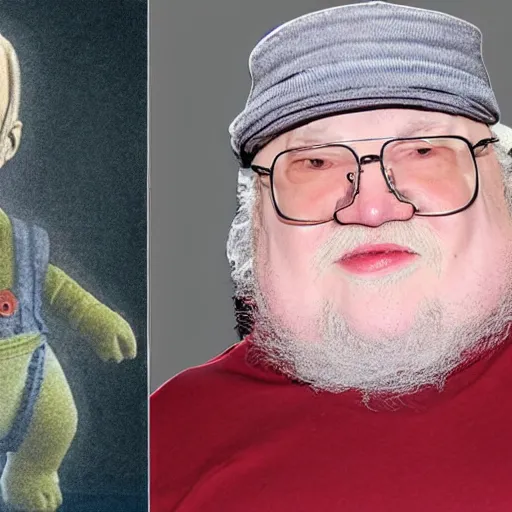 Image similar to george rr martin in a cartoon with screaming chucky doll