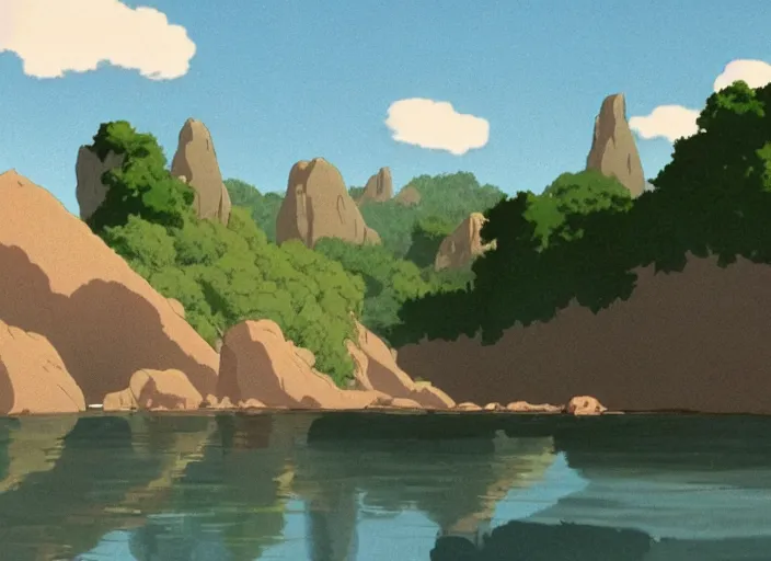 Image similar to bathed in sun, pleasing morning, appealing smooth flat rocky environment sunningrocks by the river's shore, sparse clearing, still placid environment matte painting from studio ghibli and the fox and the hound ( 1 9 8 1 )