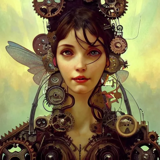 Image similar to portrait of a fairy with mechanical wings, wires and gears and machine, intricate, headshot, highly detailed, digital painting, artstation, concept art, sharp focus, cinematic lighting, illustration, art by artgerm and greg rutkowski, alphonse mucha, cgsociety