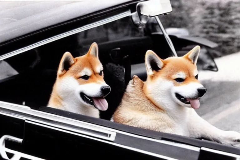 Image similar to picture of a shiba inu driving a car, 1 9 7 0 s