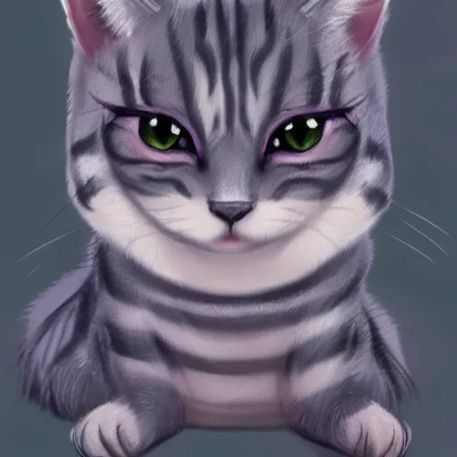 Prompt: kawaii greystriped cat looking cute, concept art, highly artstation, detailed, cartoon