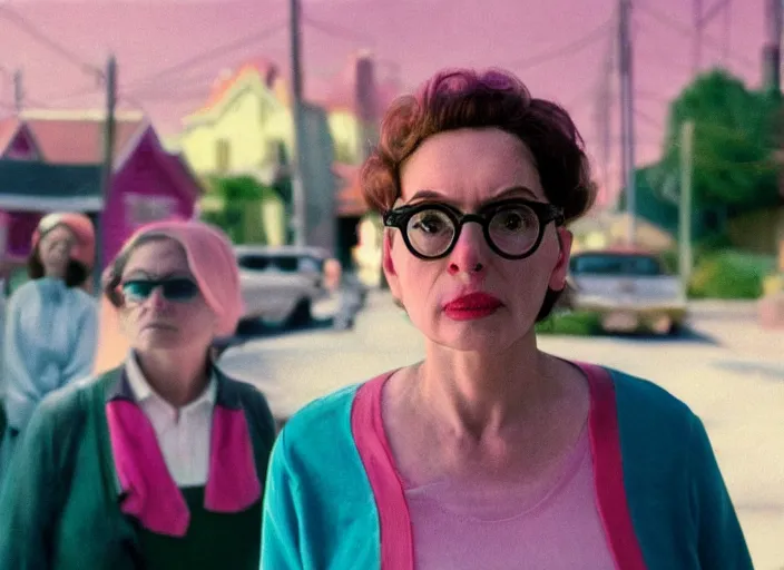 Prompt: cinematic mid shot of a high detail, woman's face looking off camera, with round glasses. fine facial features. she stands in an empty, pastel colourful 3 d, suburban street scene by jeffrey smart and gregory crewdson and edward hopper, inspired by the grand budapest hotel and edward scissorhands