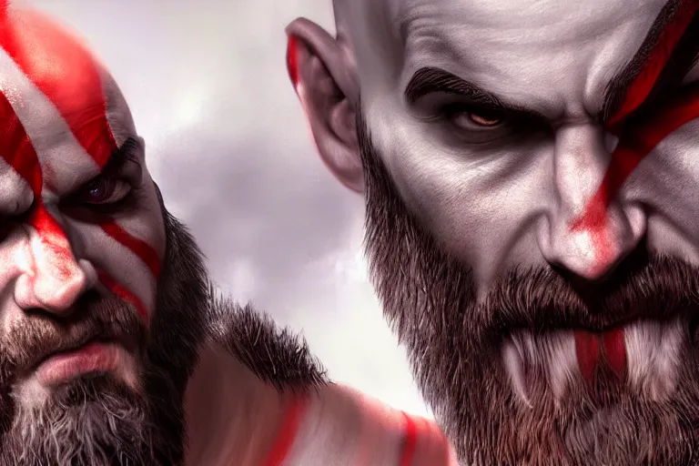 Prompt: an ultra realistic digital painting of kratos low angle view, god of war, cinematic, ps 5 video game 4 k matte painting artstation